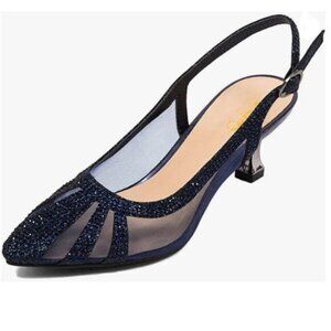XYD Navy Bridal Slingback Pump Pointed Toe Slip On Mesh Rhinestone Low Heel Shoe